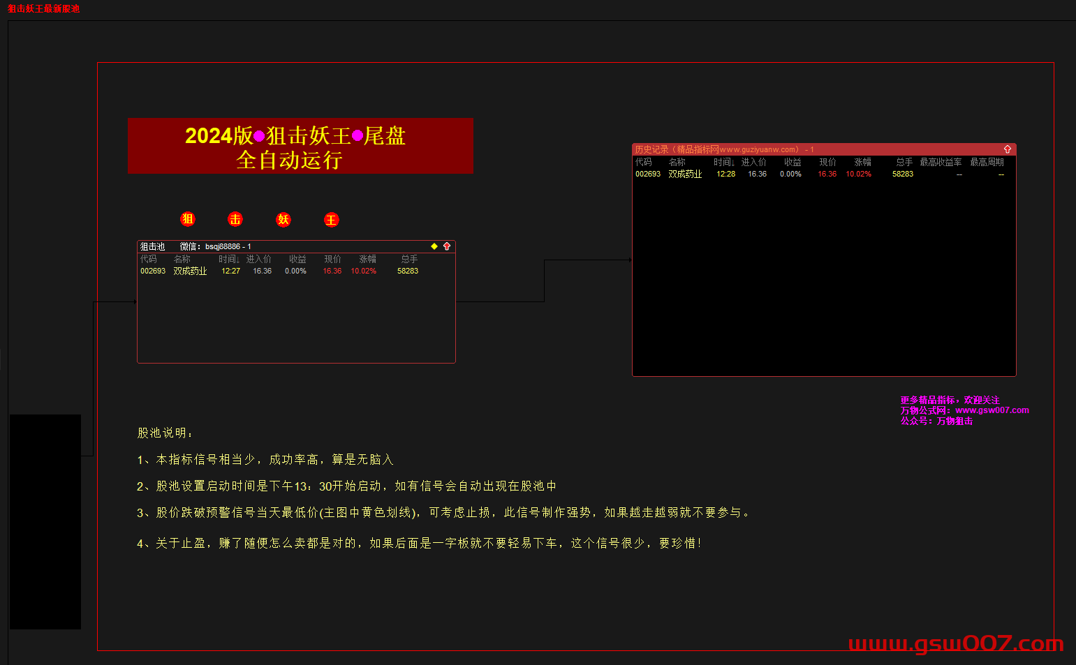 通达信精品指标《狙击妖王》主图幅图选股 信号少，主抓妖股，开放源码，手机可用，送股池！